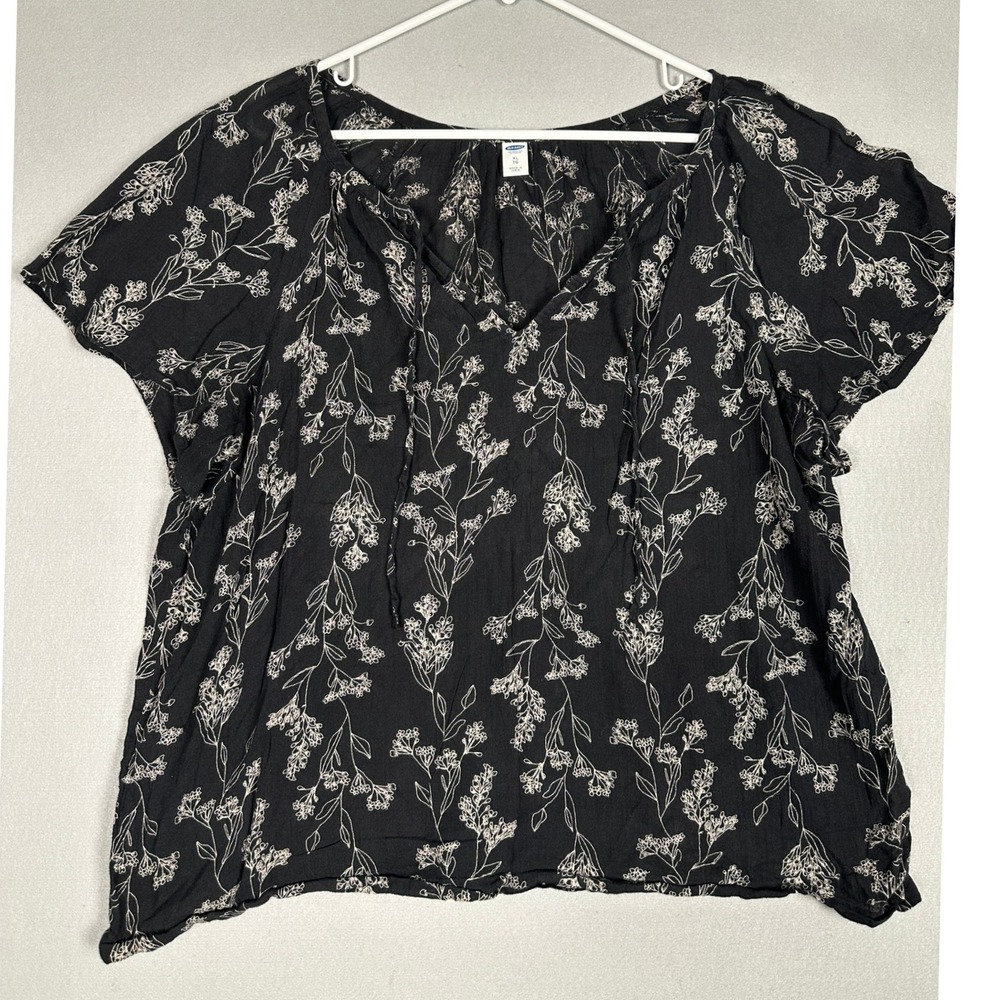 Old Navy Blouse Womens XL Black Floral Short Sleeve V-Neck Tie Front Casual EUC
